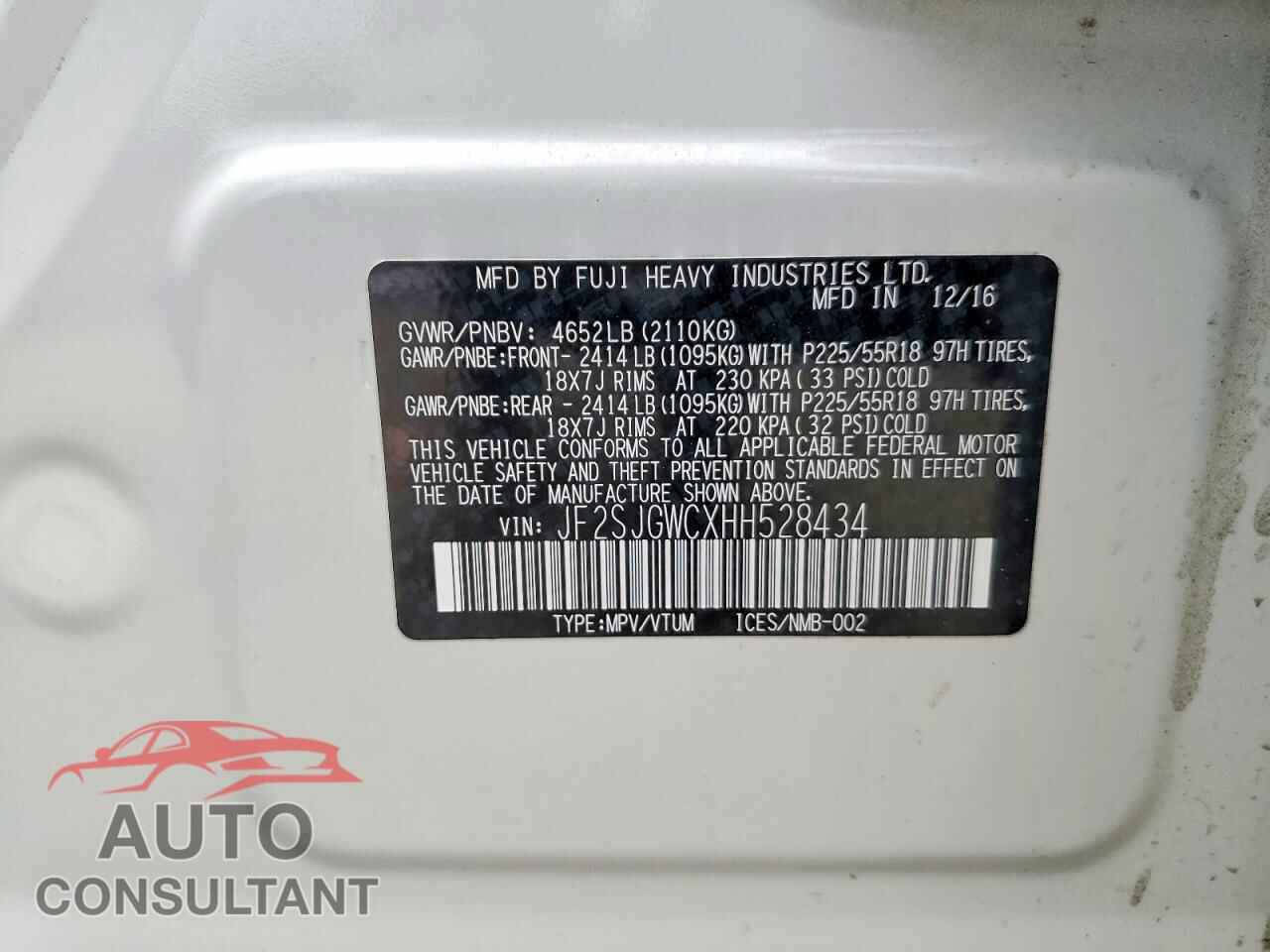 SUBARU FORESTER 2017 - JF2SJGWCXHH528434