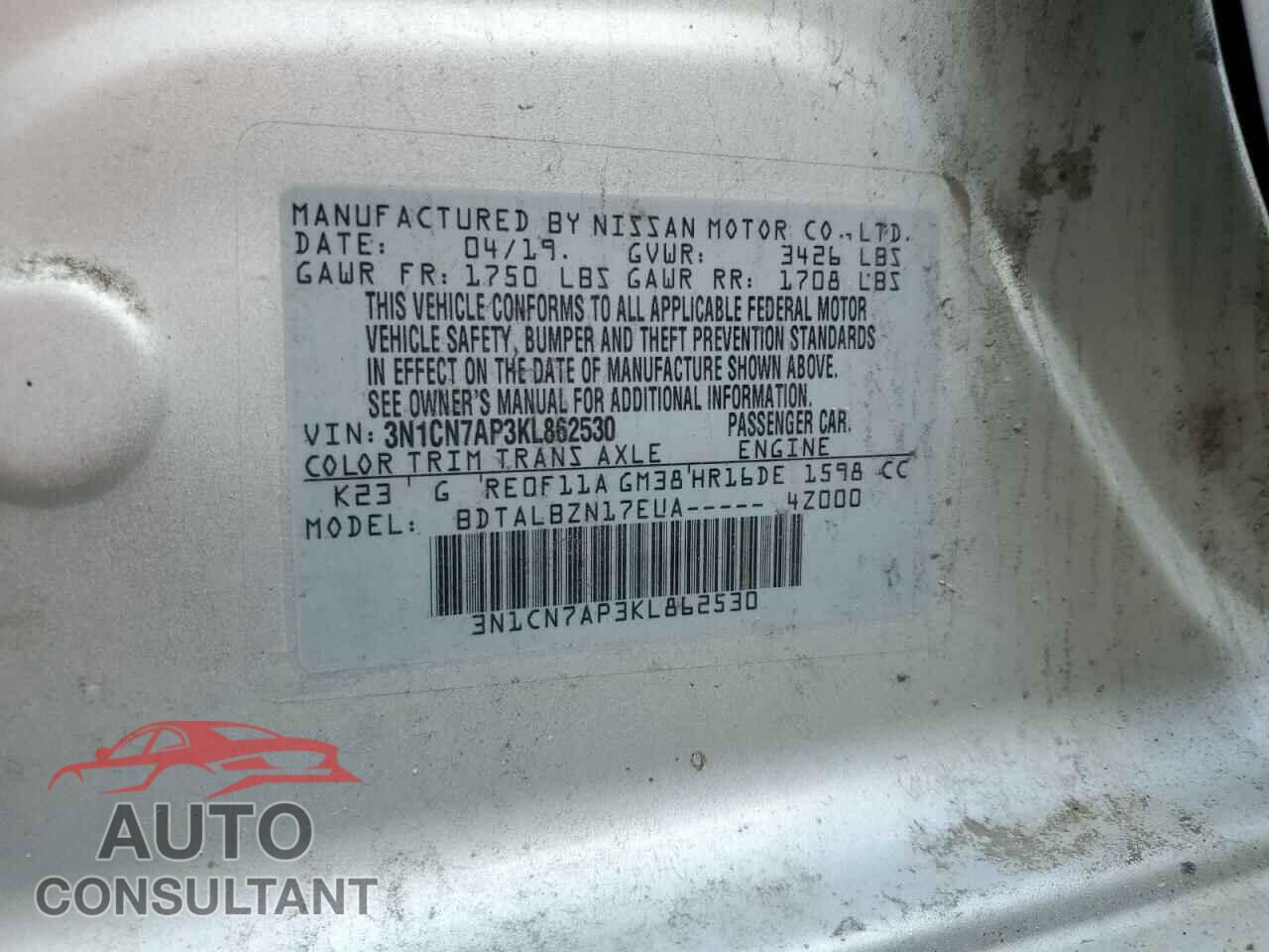 NISSAN VERSA 2019 - 3N1CN7AP3KL862530