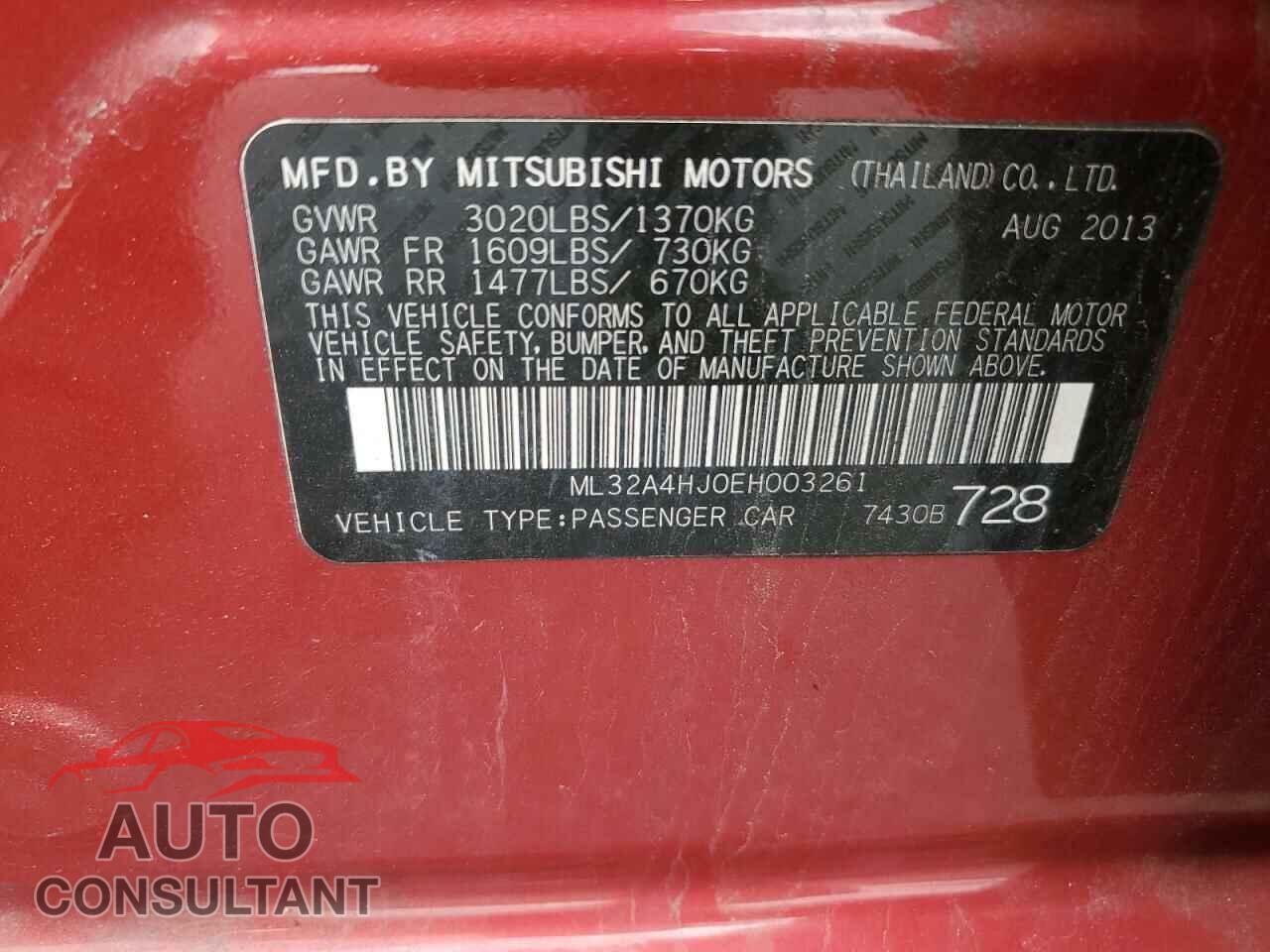 MITSUBISHI MIRAGE 2014 - ML32A4HJ0EH003261