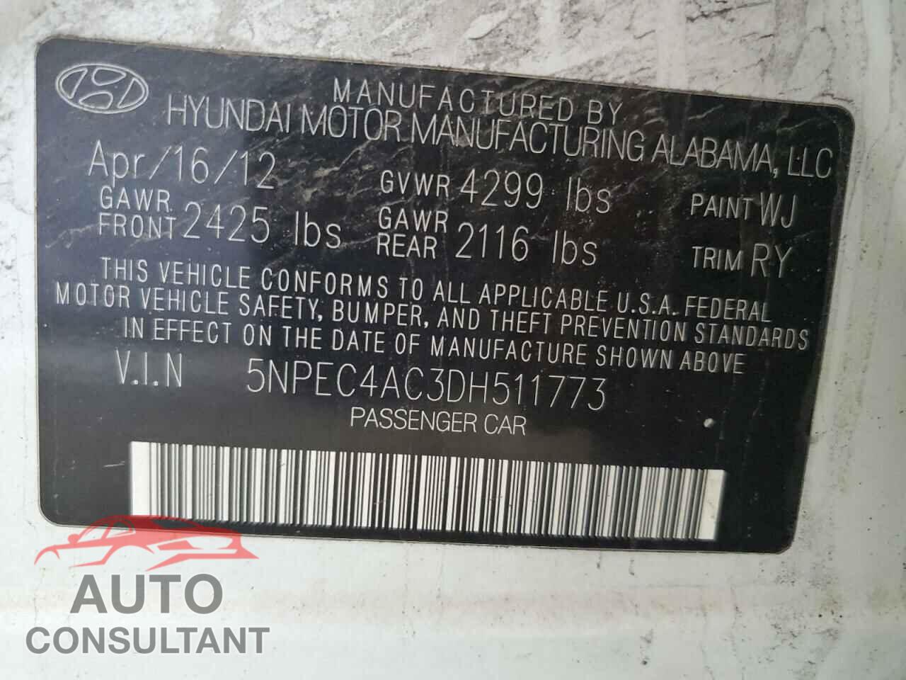 HYUNDAI SONATA 2013 - 5NPEC4AC3DH511773