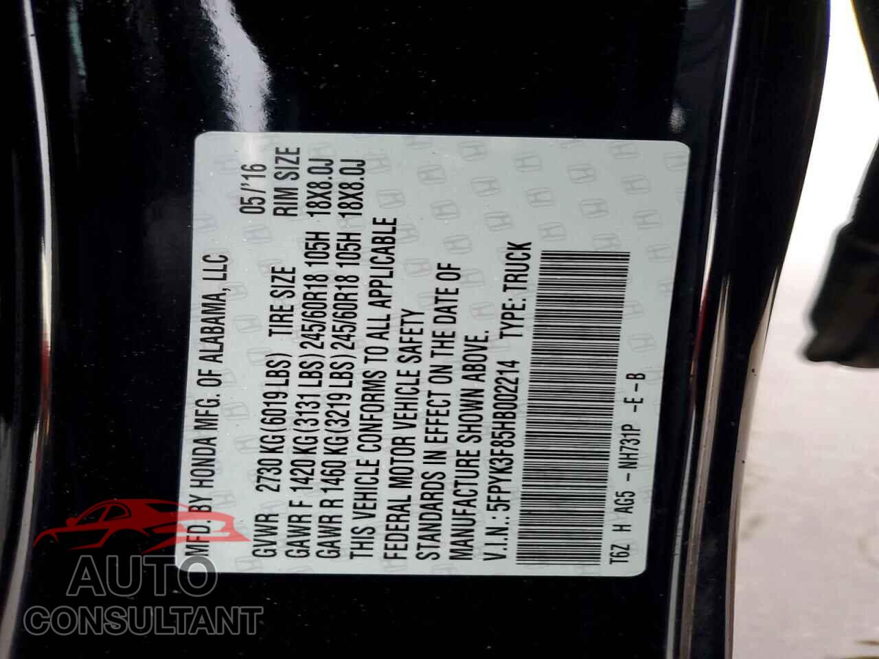 HONDA RIDGELINE 2017 - 5FPYK3F85HB002214