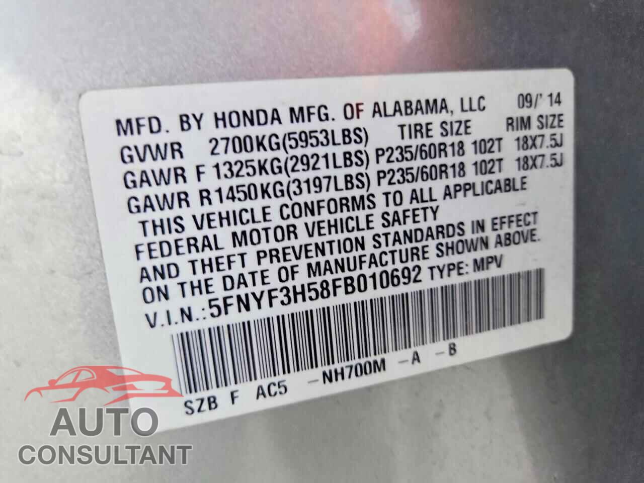 HONDA PILOT 2015 - 5FNYF3H58FB010692