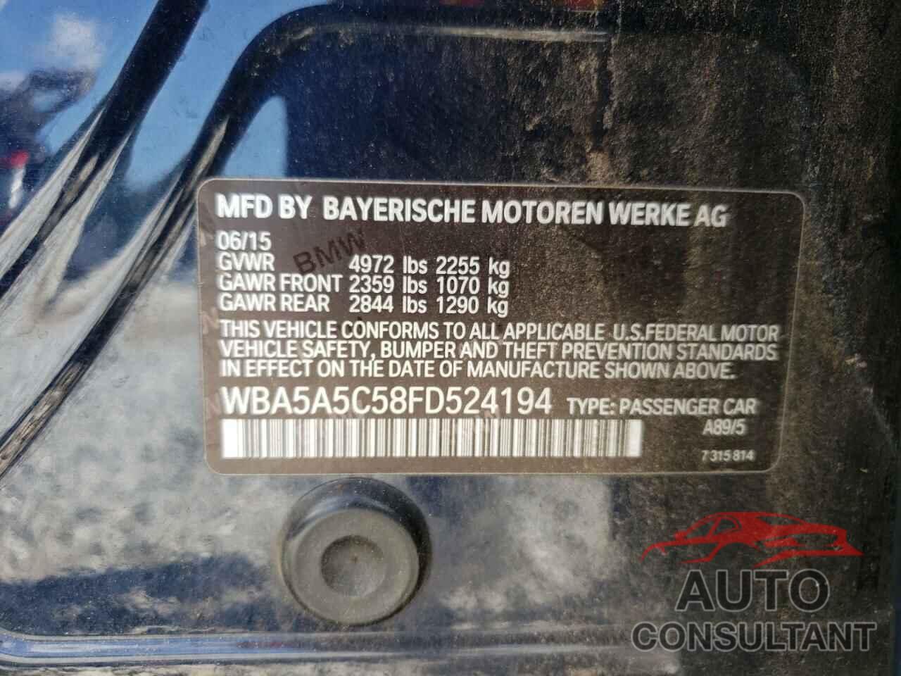 BMW 5 SERIES 2015 - WBA5A5C58FD524194