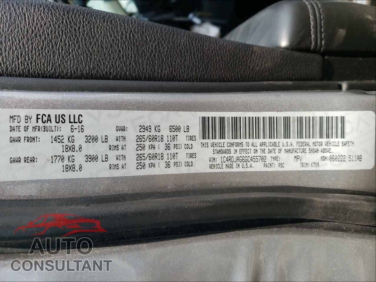 DODGE DURANGO 2016 - 1C4RDJAG6GC455702
