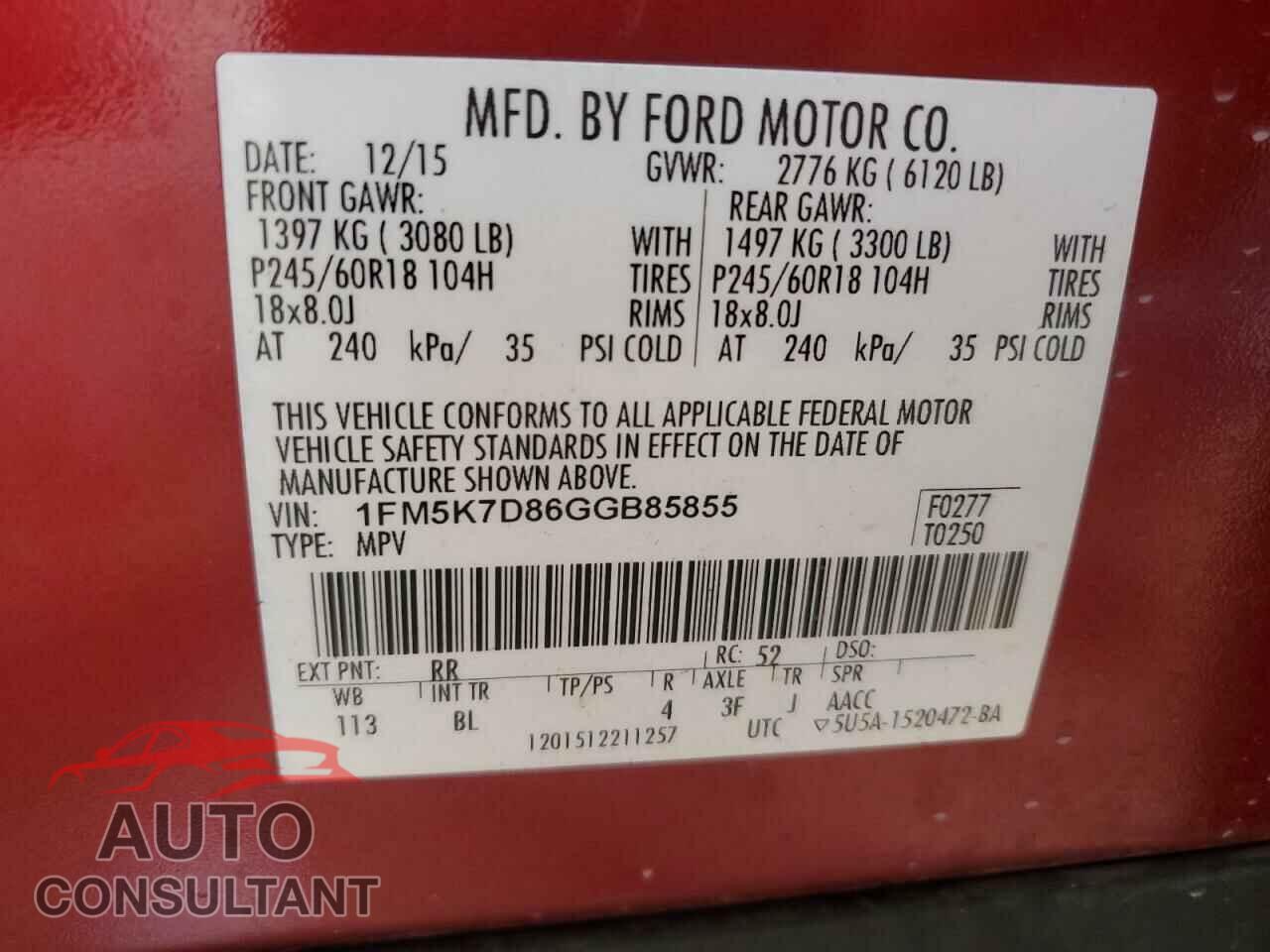 FORD EXPLORER 2016 - 1FM5K7D86GGB85855