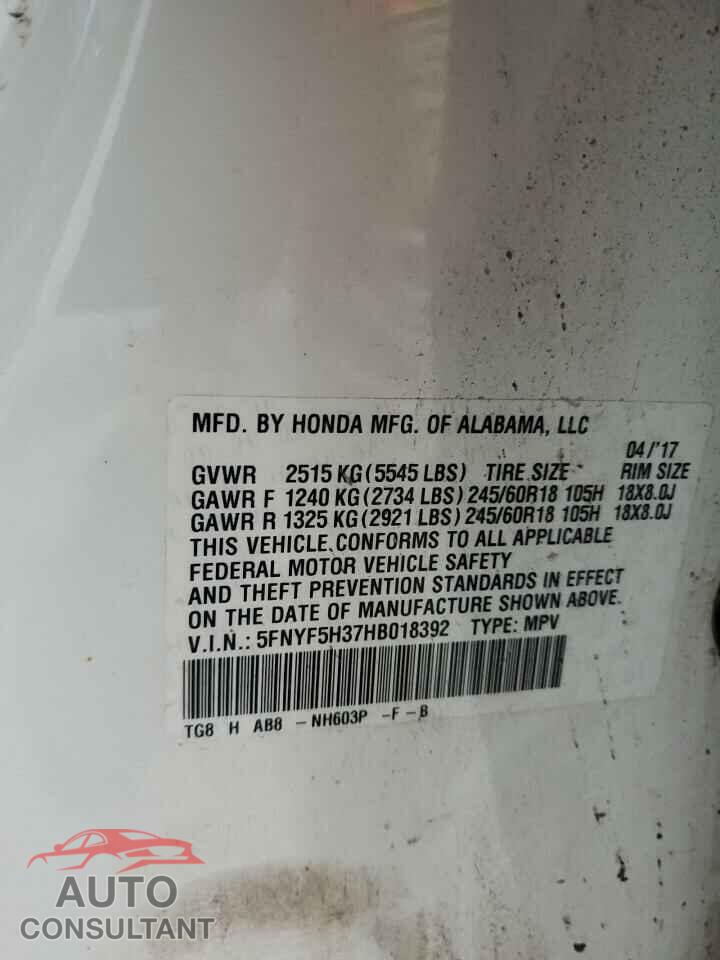 HONDA PILOT 2017 - 5FNYF5H37HB018392