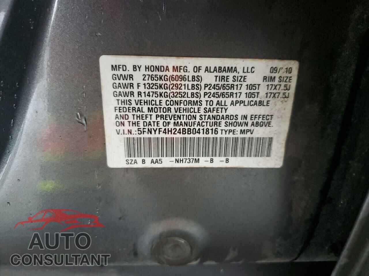 HONDA PILOT 2011 - 5FNYF4H24BB041816