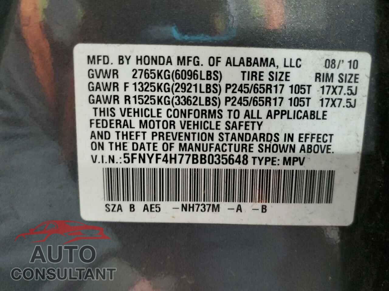 HONDA PILOT 2011 - 5FNYF4H77BB035648