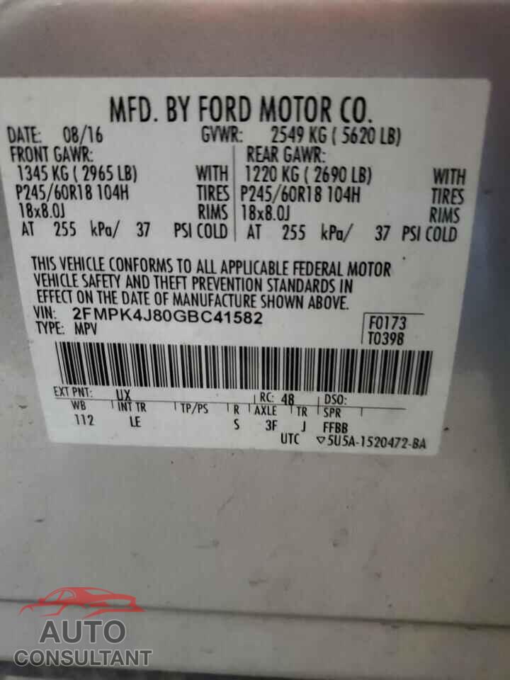 FORD EDGE 2016 - 2FMPK4J80GBC41582