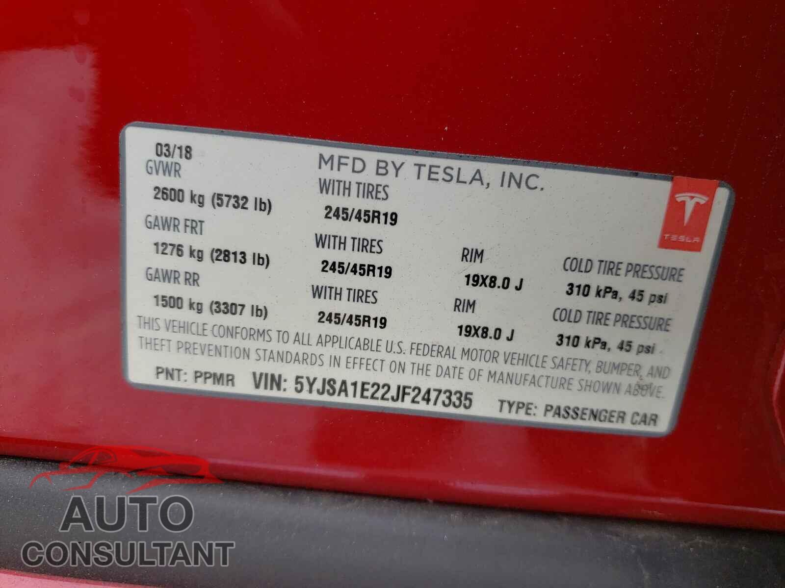 TESLA MODEL S 2018 - 5YJSA1E22JF247335