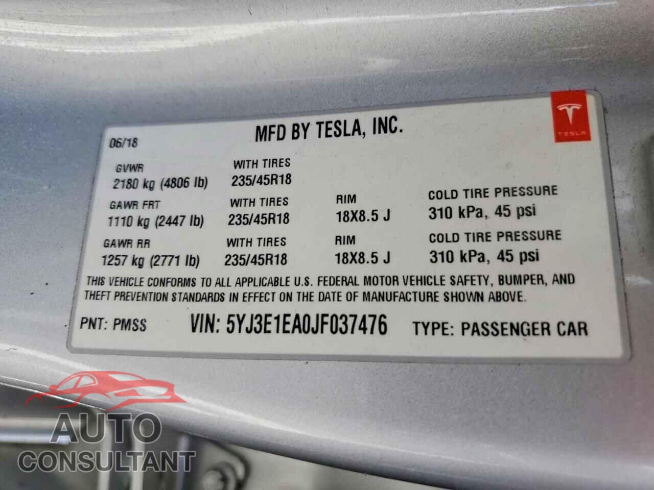 TESLA MODEL 3 2018 - 5YJ3E1EA0JF037476