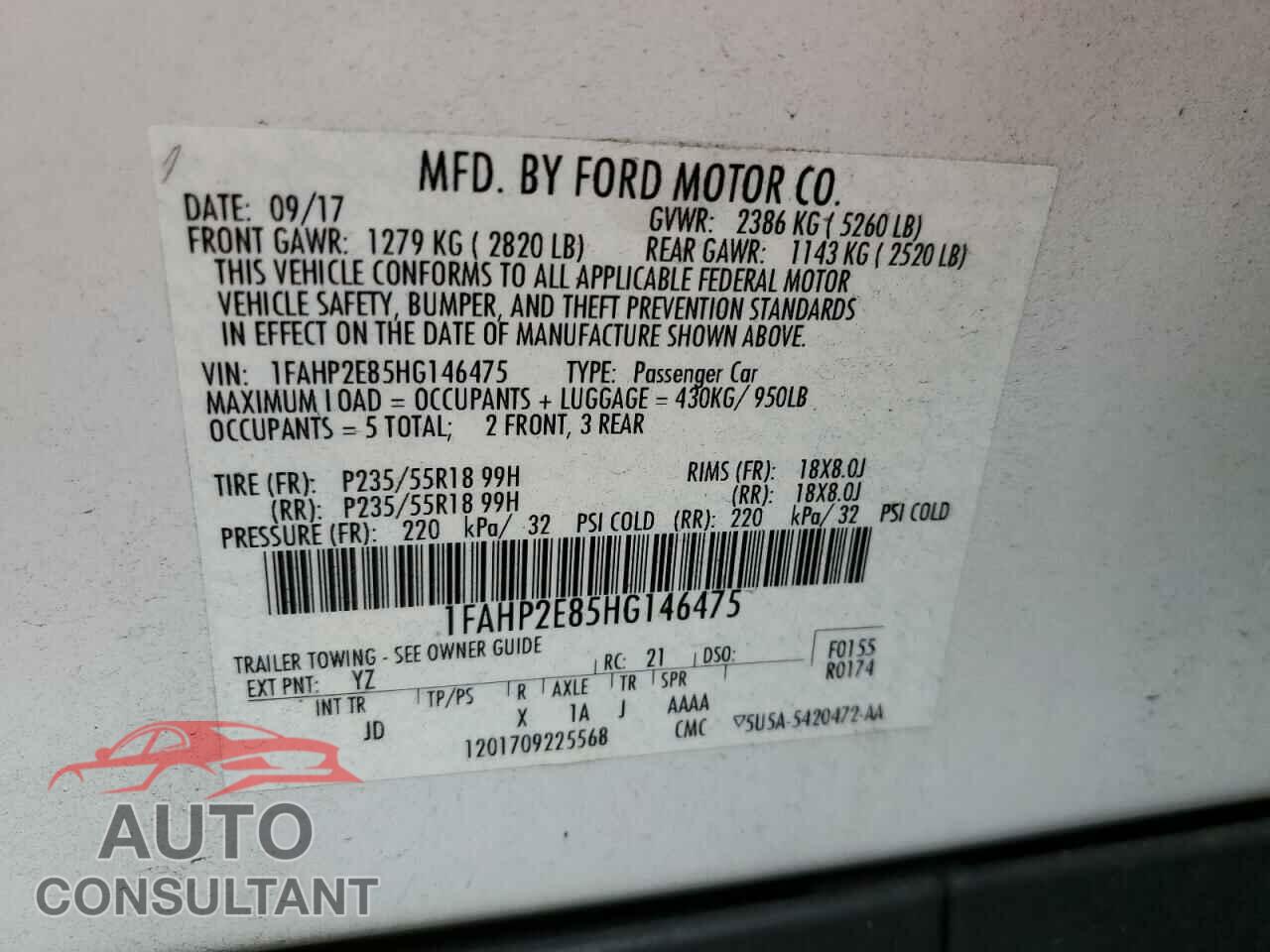 FORD TAURUS 2017 - 1FAHP2E85HG146475