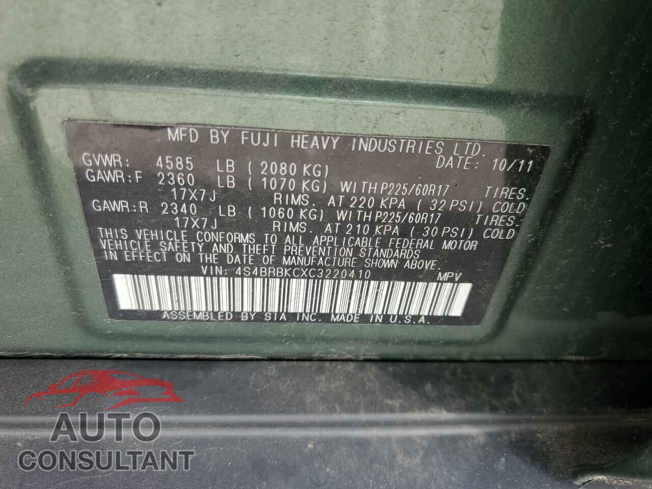 SUBARU OUTBACK 2012 - 4S4BRBKCXC3220410