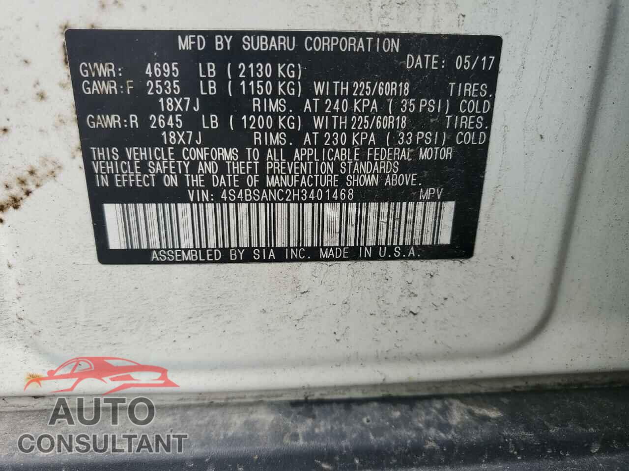 SUBARU OUTBACK 2017 - 4S4BSANC2H3401468