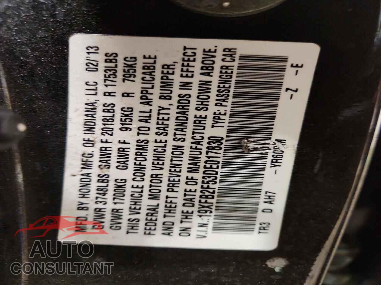 HONDA CIVIC 2013 - 19XFB2F53DE017830