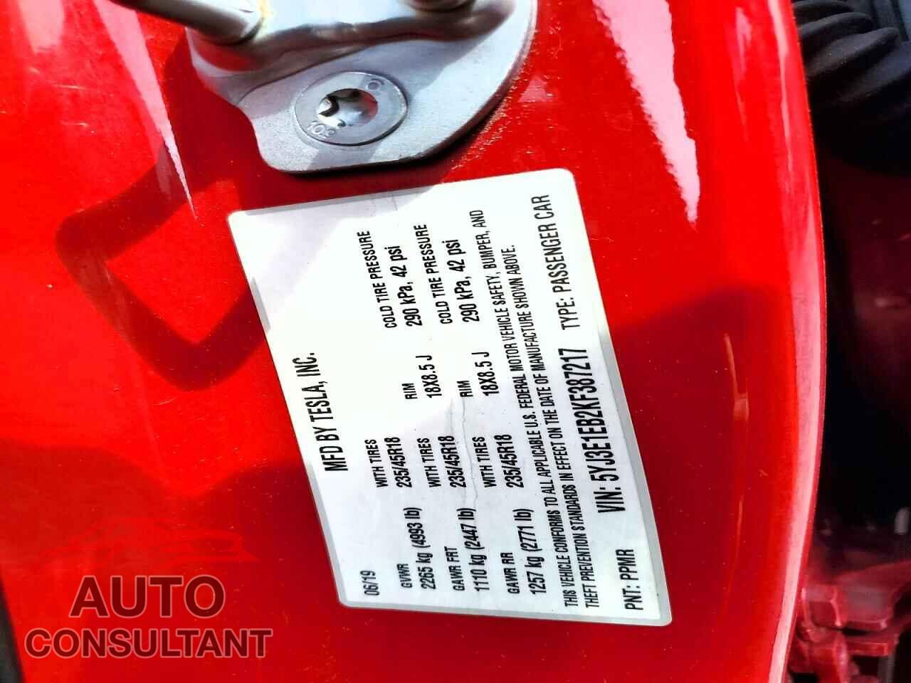 TESLA MODEL 3 2019 - 5YJ3E1EB2KF387217