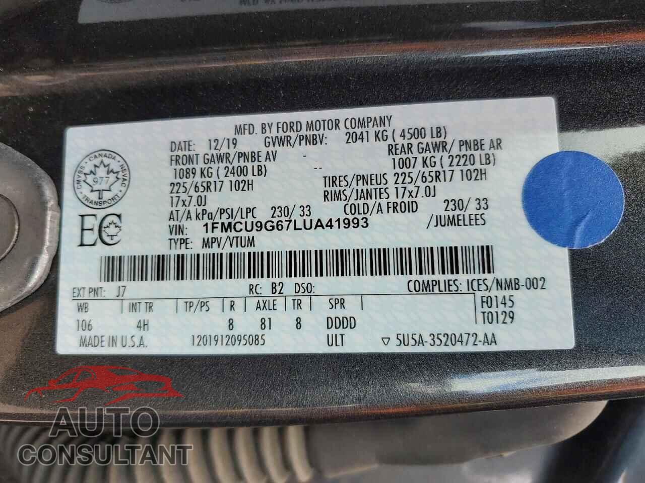 FORD ESCAPE 2020 - 1FMCU9G67LUA41993