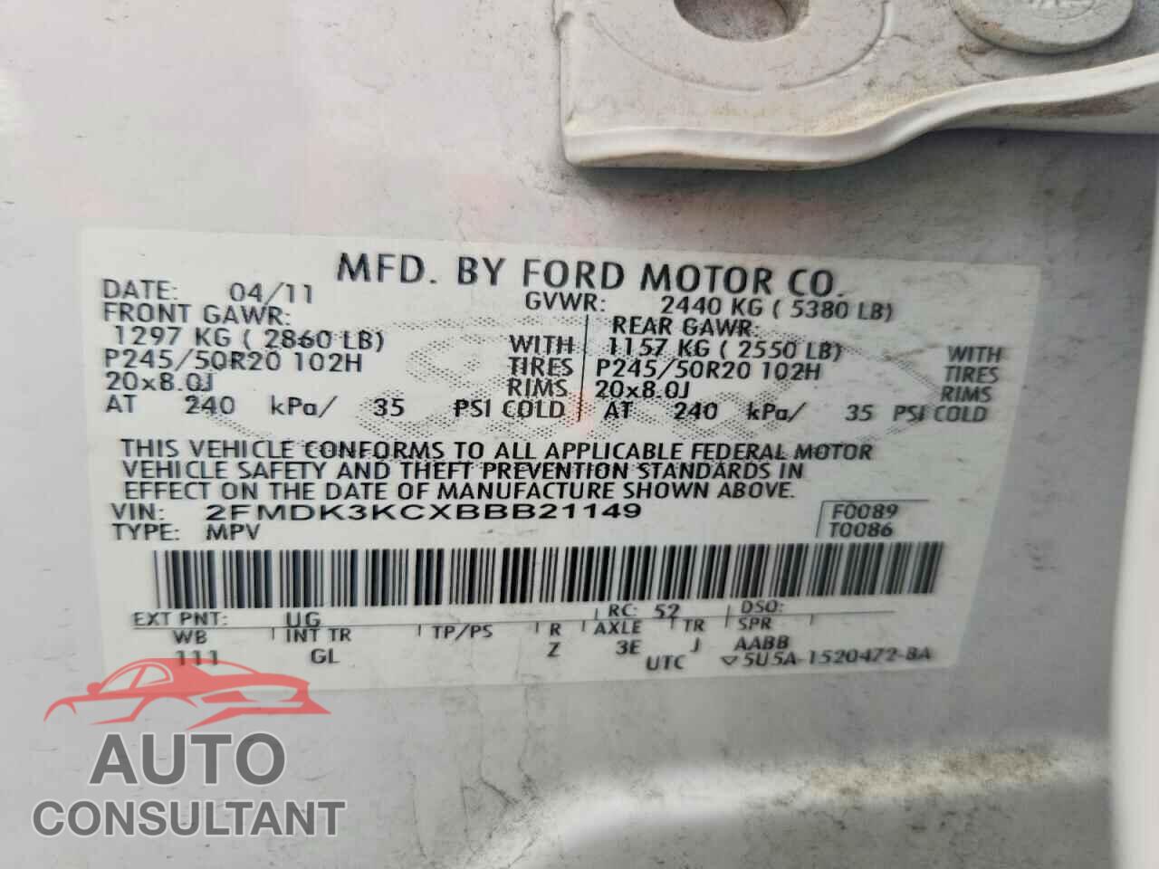FORD EDGE 2011 - 2FMDK3KCXBBB21149