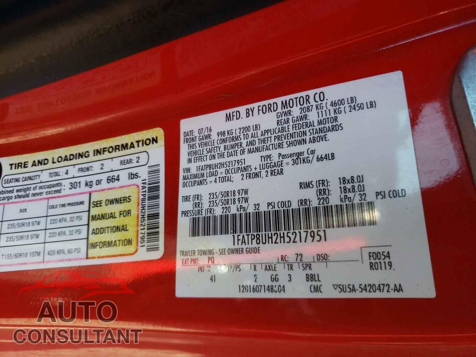 FORD MUSTANG 2017 - 1FATP8UH2H5217951
