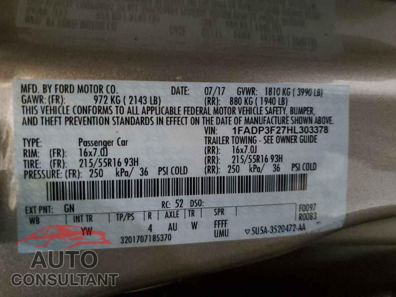 FORD FOCUS 2017 - 1FADP3F27HL303378