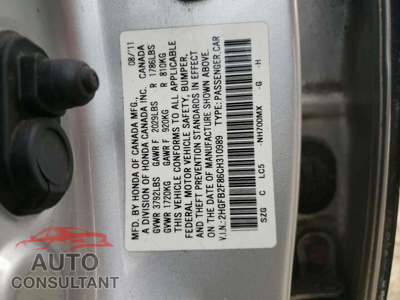 HONDA CIVIC 2012 - 2HGFB2F86CH310989