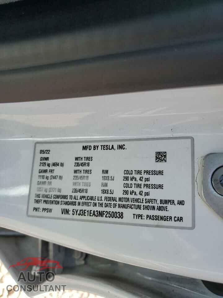 TESLA MODEL 3 2022 - 5YJ3E1EA3NF250038