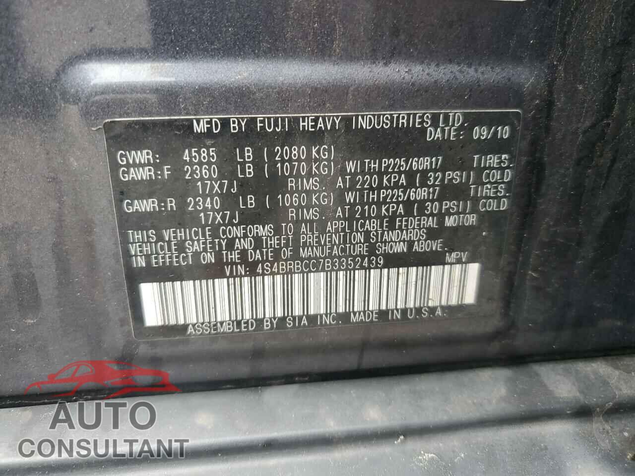 SUBARU OUTBACK 2011 - 4S4BRBCC7B3352439