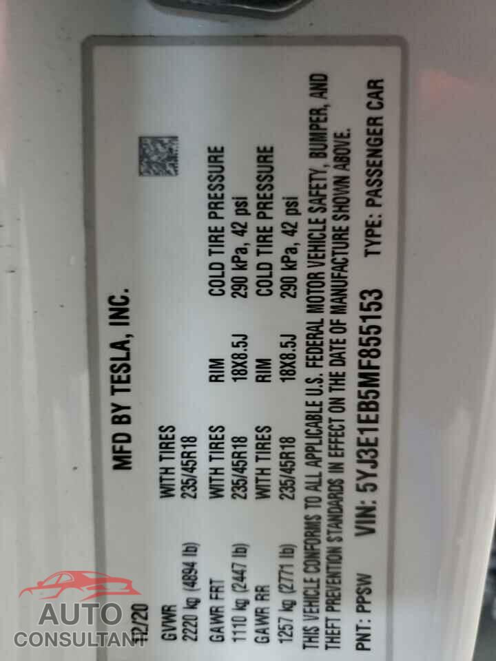 TESLA MODEL 3 2021 - 5YJ3E1EB5MF855153