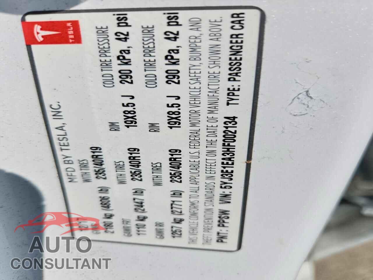 TESLA MODEL 3 2017 - 5YJ3E1EA3HF002134