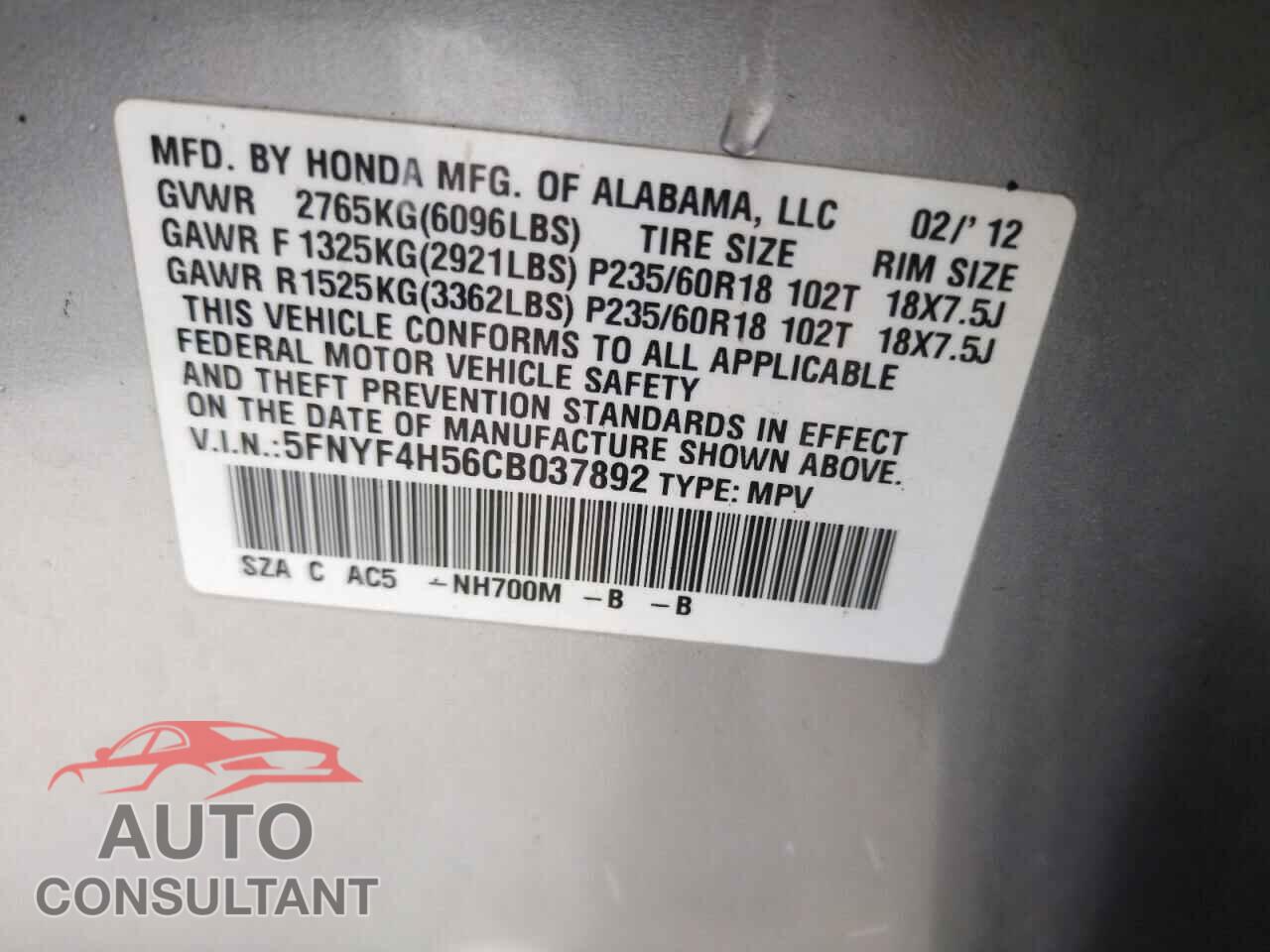 HONDA PILOT 2012 - 5FNYF4H56CB037892