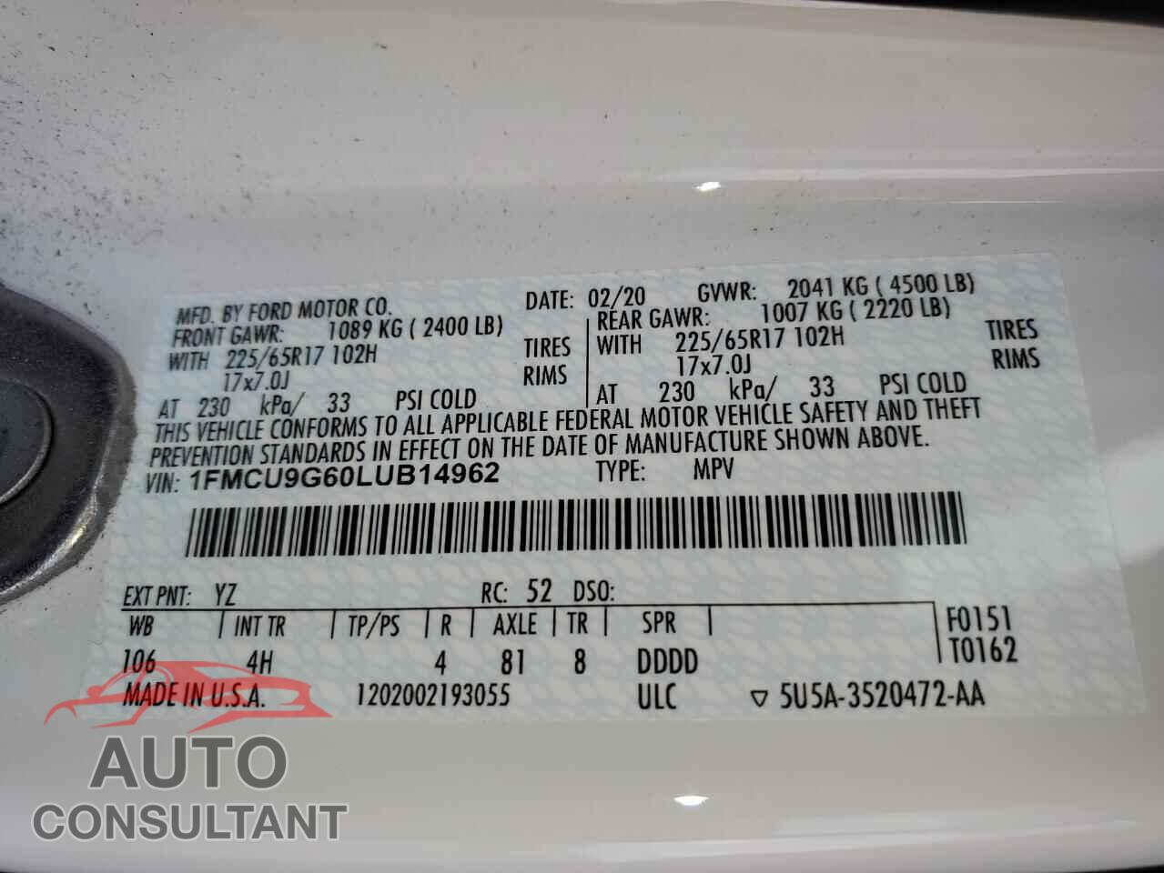 FORD ESCAPE 2020 - 1FMCU9G60LUB14962