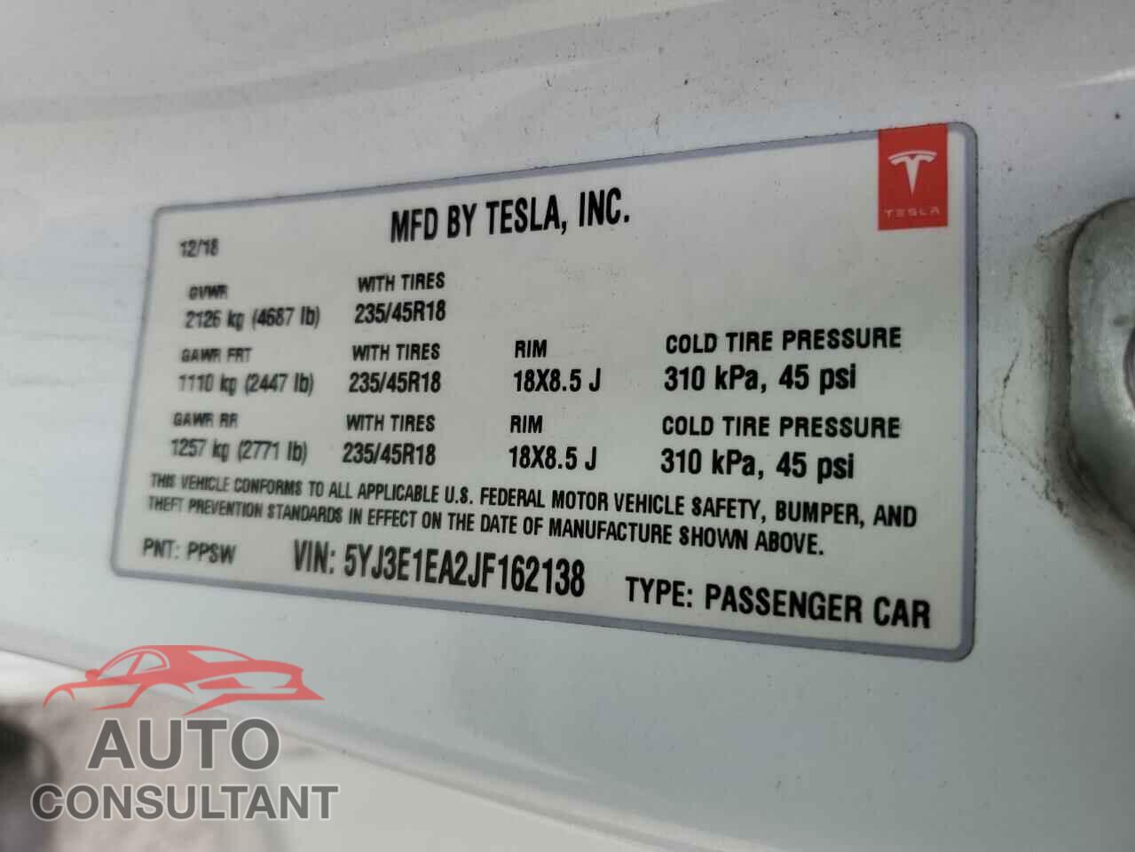 TESLA MODEL 3 2018 - 5YJ3E1EA2JF162138