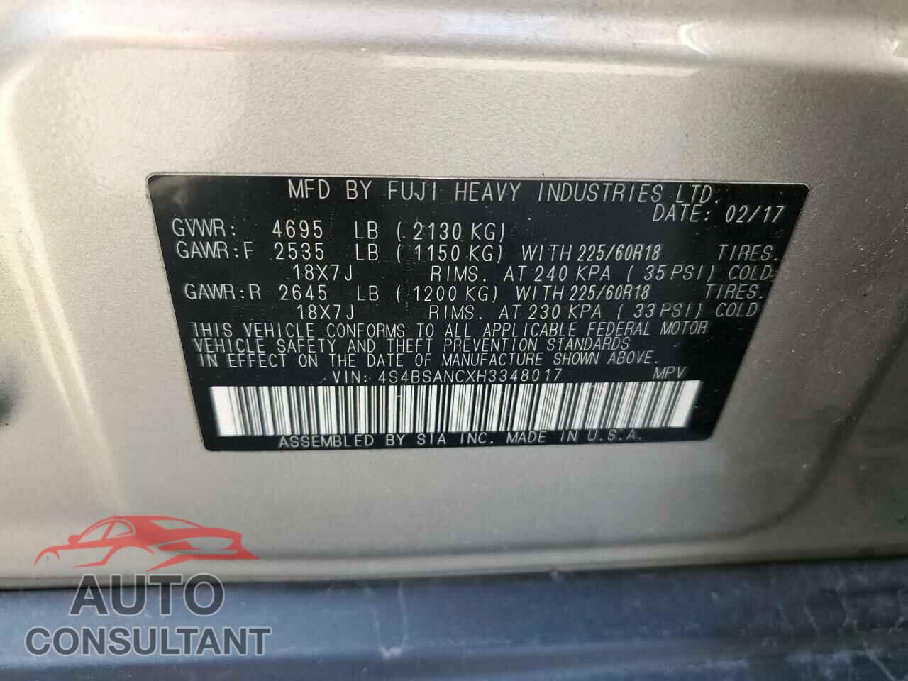 SUBARU OUTBACK 2017 - 4S4BSANCXH3348017