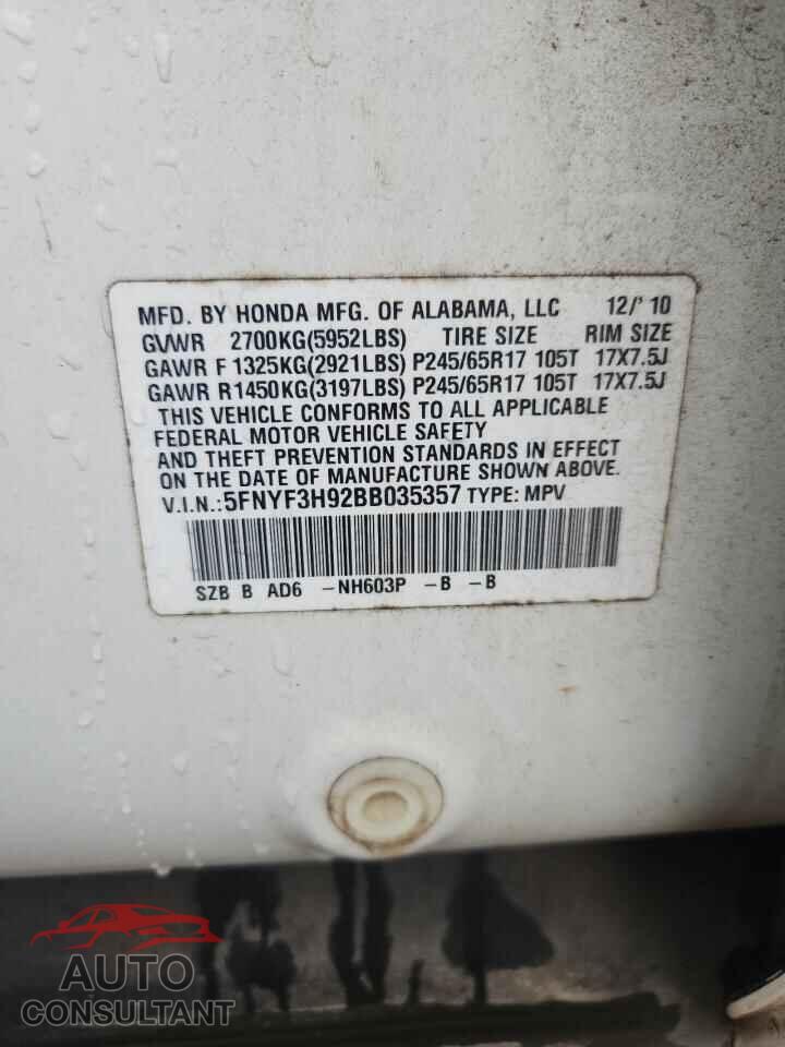 HONDA PILOT 2011 - 5FNYF3H92BB035357
