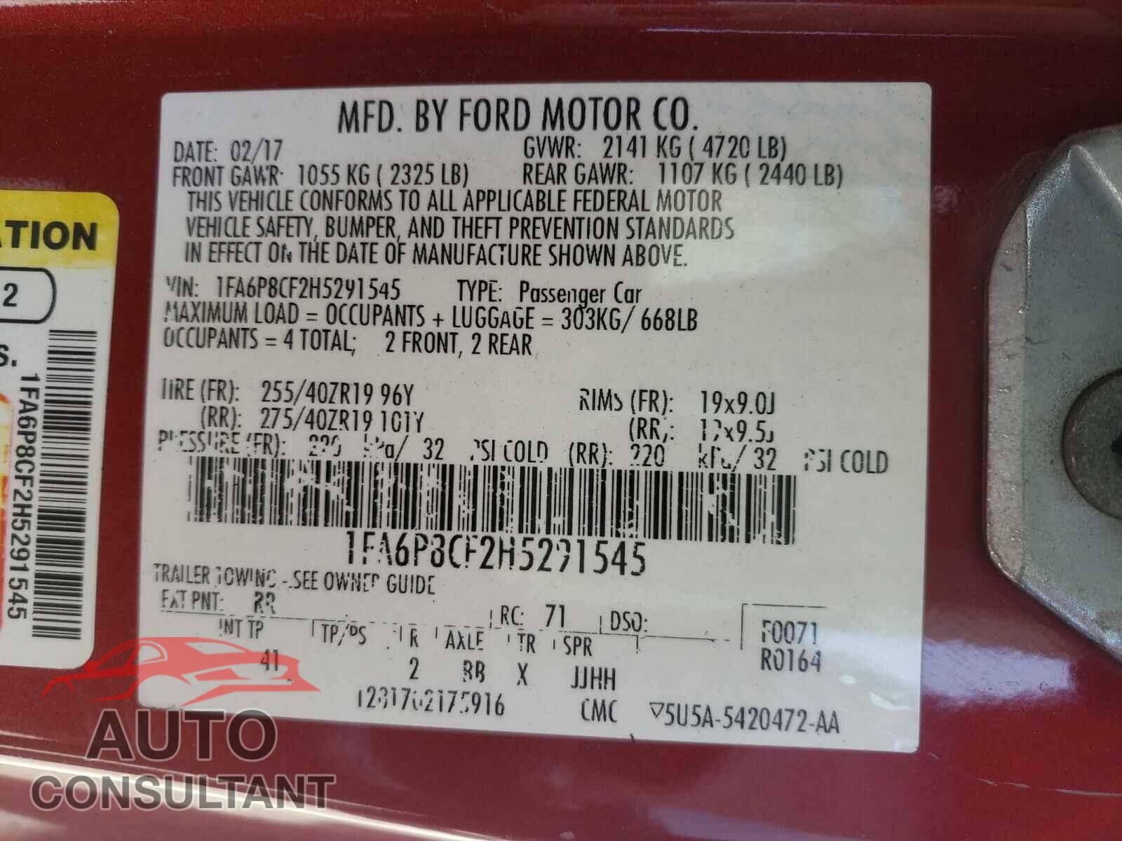 FORD MUSTANG 2017 - 1FA6P8CF2H5291545