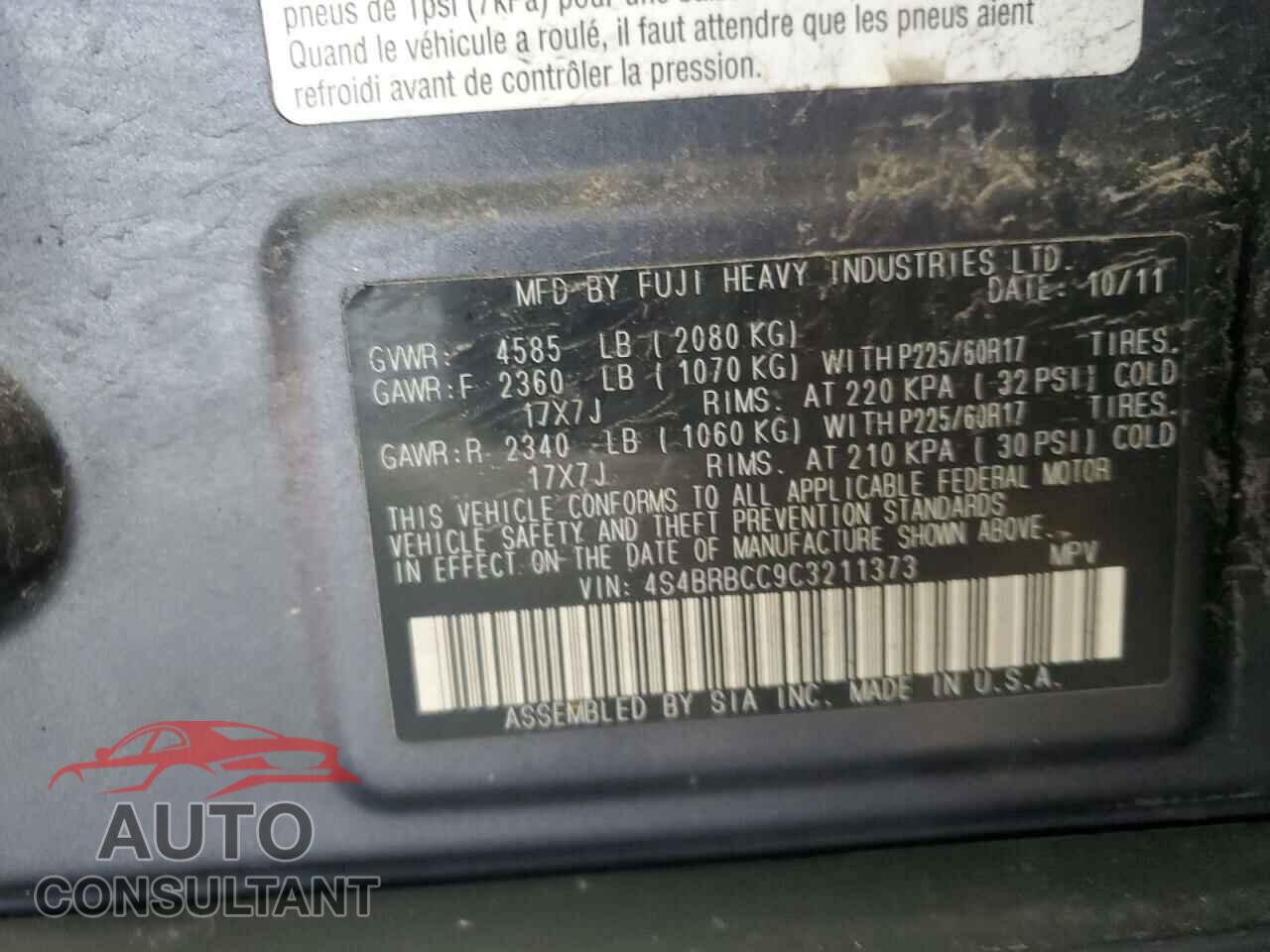 SUBARU OUTBACK 2012 - 4S4BRBCC9C3211373