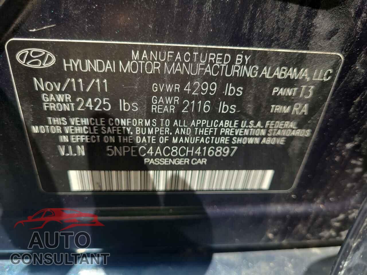 HYUNDAI SONATA 2012 - 5NPEC4AC8CH416897