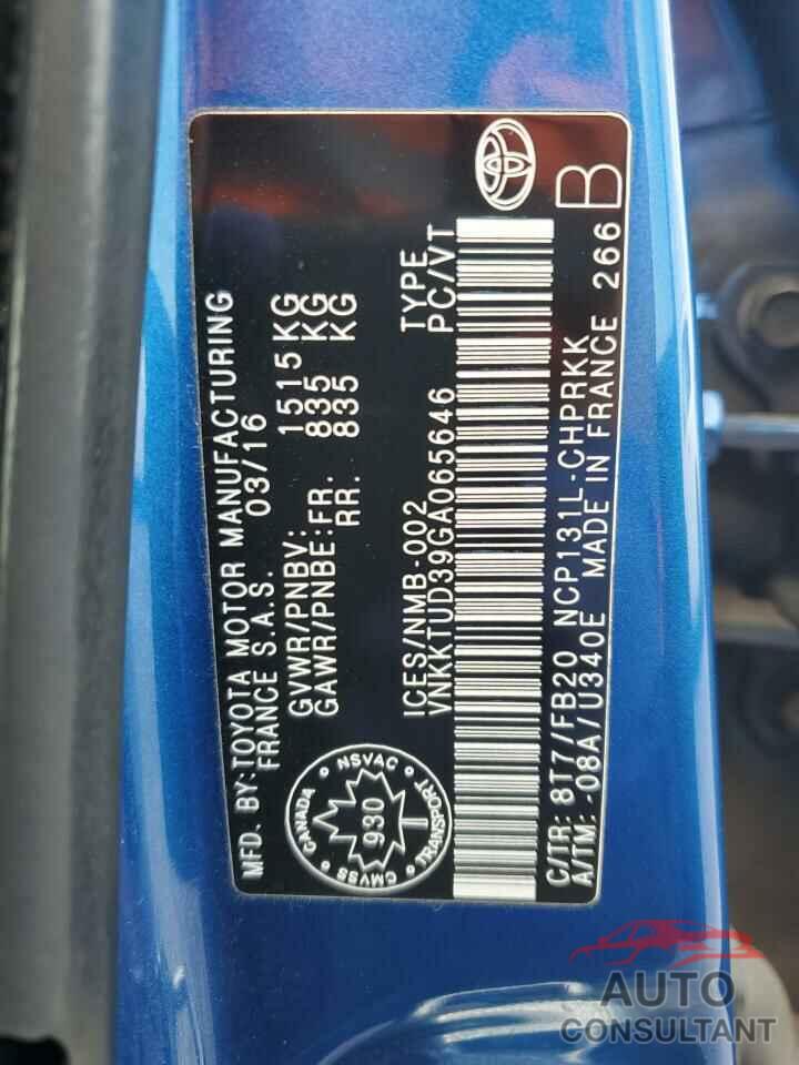 TOYOTA YARIS 2016 - VNKKTUD39GA065646
