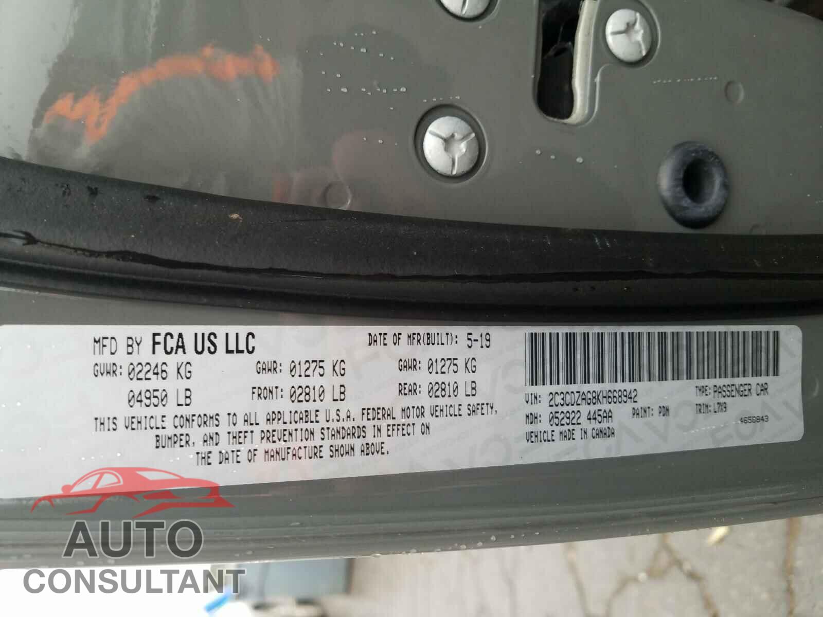 DODGE CHALLENGER 2019 - 2C3CDZAG8KH668942