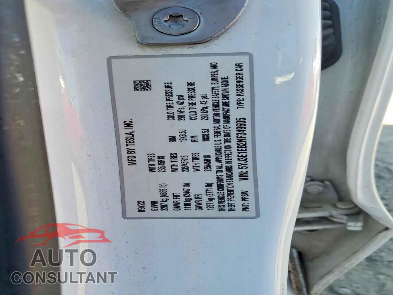 TESLA MODEL 3 2022 - 5YJ3E1EB2NF349605