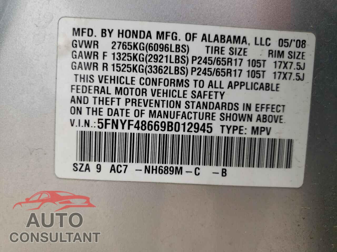 HONDA PILOT 2009 - 5FNYF48669B012945