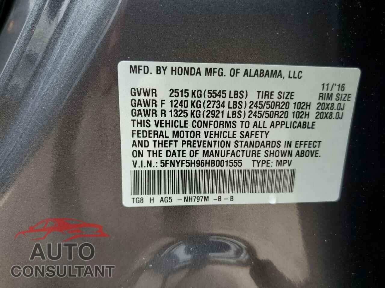HONDA PILOT 2017 - 5FNYF5H96HB001555