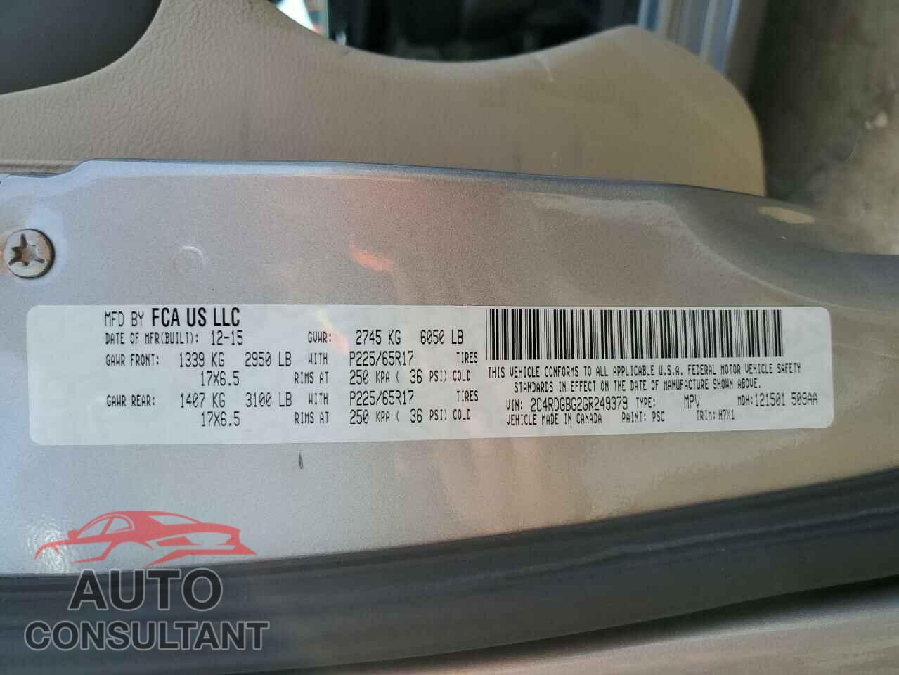 DODGE CARAVAN 2016 - 2C4RDGBG2GR249379