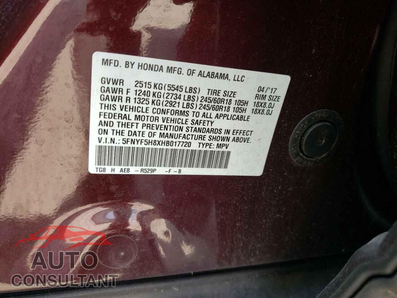 HONDA PILOT 2017 - 5FNYF5H8XHB017720