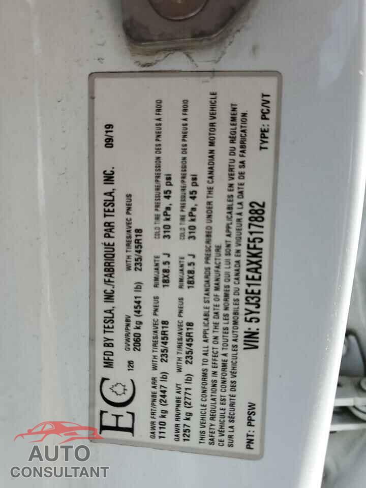 TESLA MODEL 3 2019 - 5YJ3E1EAXKF517882