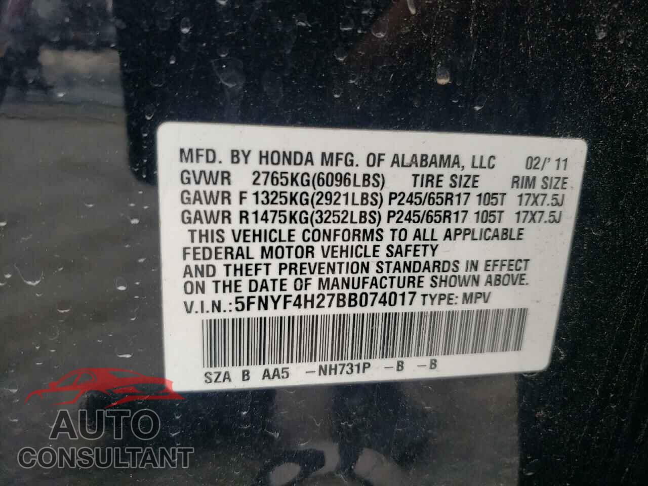HONDA PILOT 2011 - 5FNYF4H27BB074017