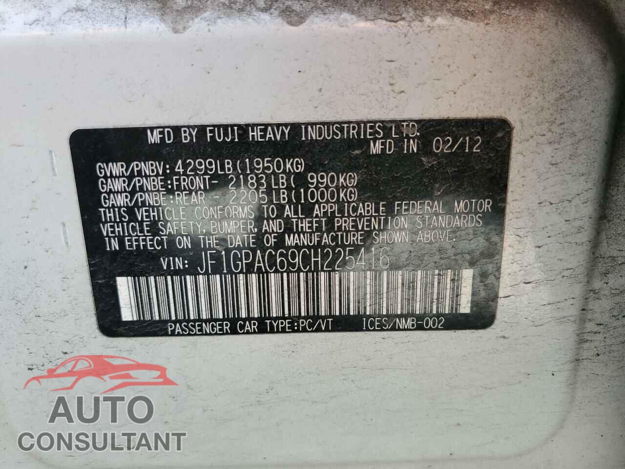 SUBARU IMPREZA 2012 - JF1GPAC69CH225416