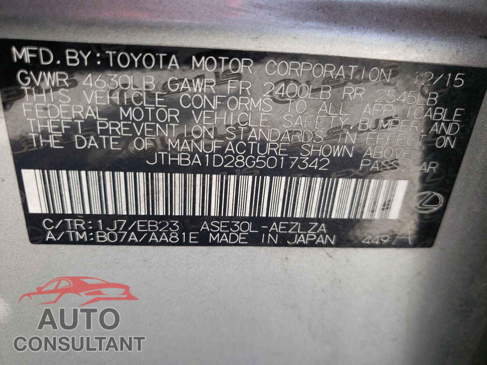 LEXUS IS 2016 - JTHBA1D28G5017342