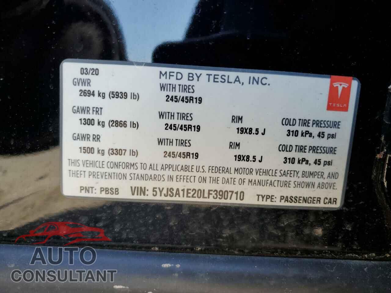 TESLA MODEL S 2020 - 5YJSA1E20LF390710
