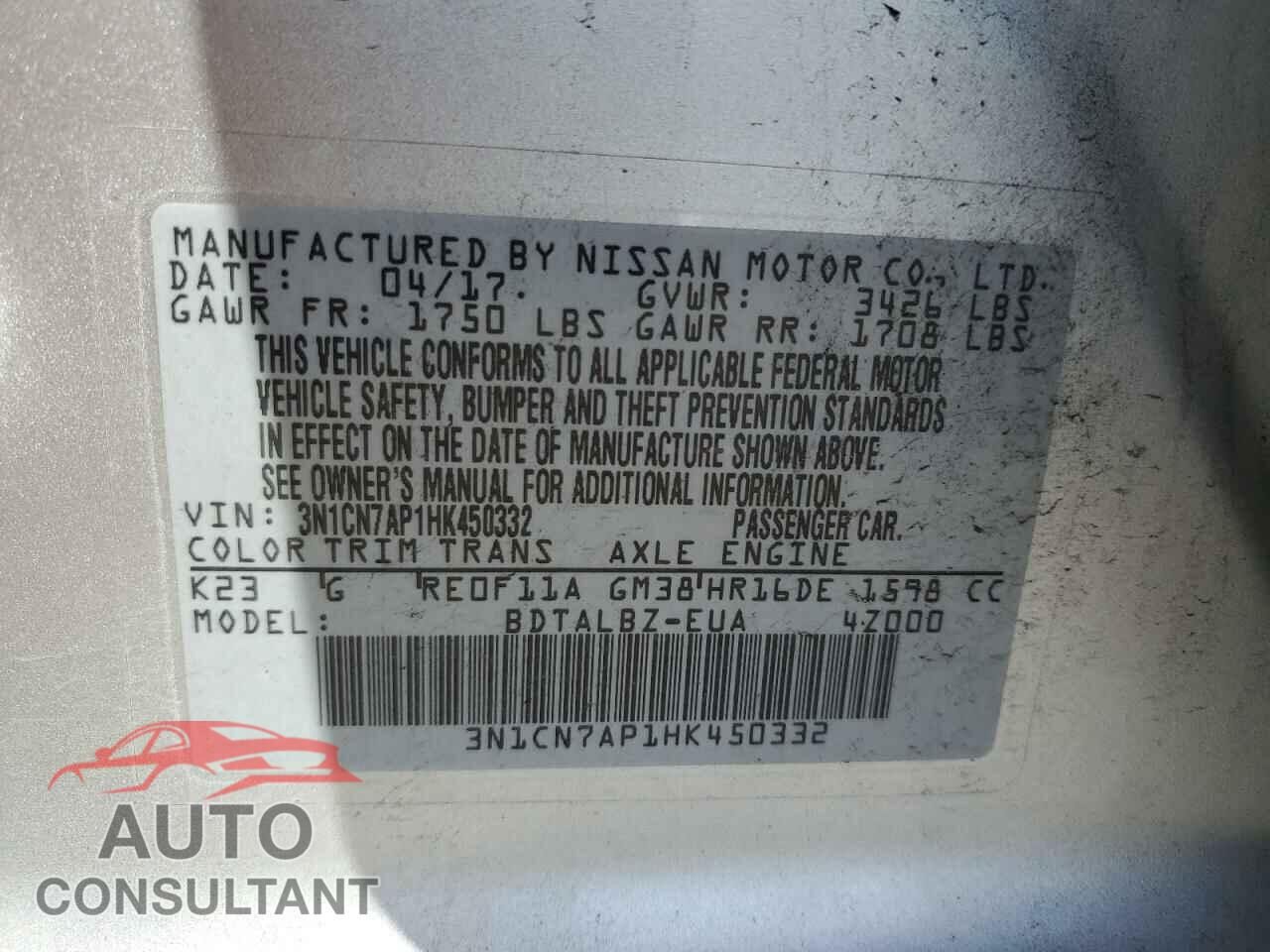 NISSAN VERSA 2017 - 3N1CN7AP1HK450332